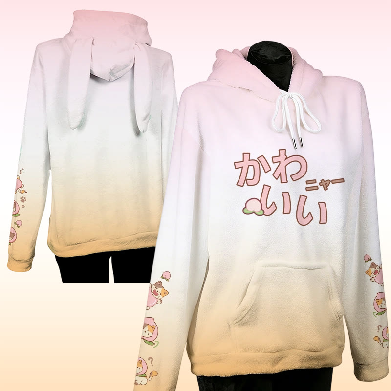 MODAKAWA Farbverlauf-Pfirsichfarbener Katzen-Plüschhoodie mit Hasenohren - image 1