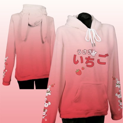 MODAKAWA Farbverlauf-Erdbeerhasen-Plüschhoodie mit Hasenohren - image 1