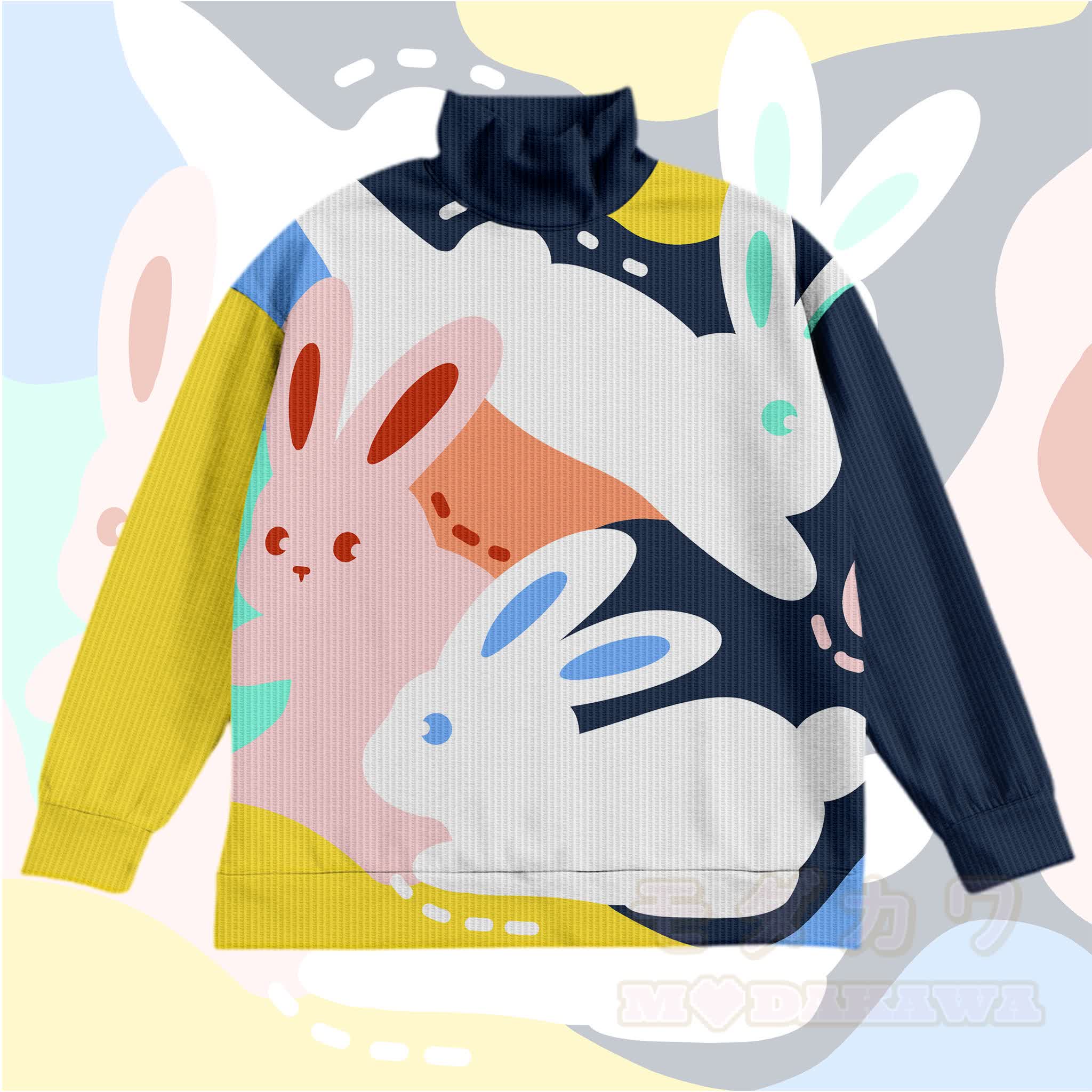 MODAKAWA Sweatshirt mit Hasenmotiv und Allover-Waffelprint - Gelb & Lila Blau - 4XL - image 1