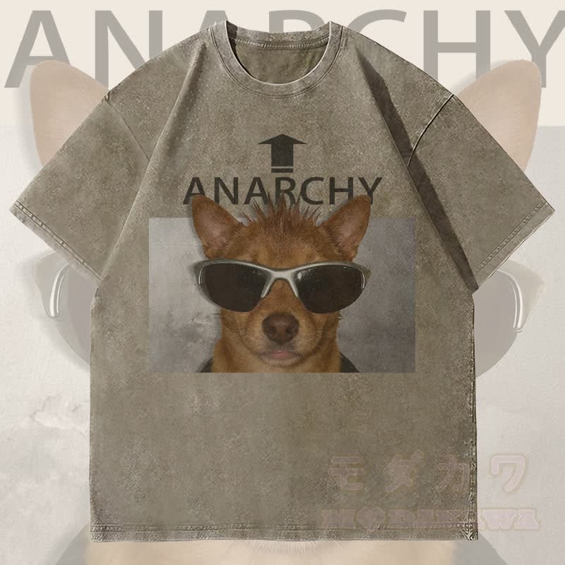 MODAKAWA ANARCHY Sonnenbrille Hunde-Grafik Unisex Vintage Washed T-Shirt - Armeegrün - 4XL - image 1