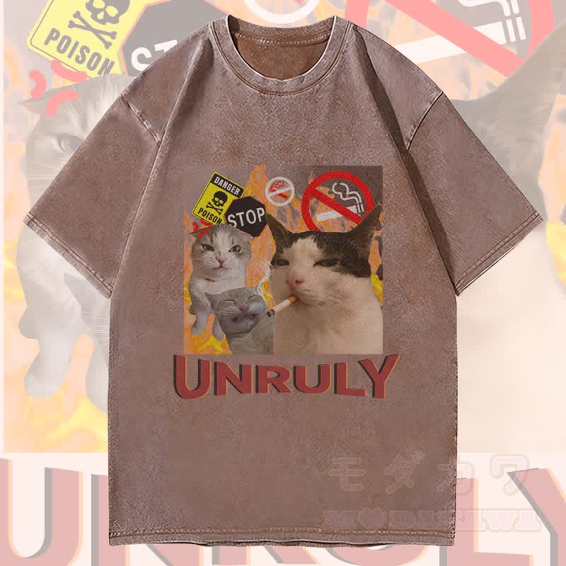 MODAKAWA UNRULY Rebel Cat Grafik Unisex Vintage Washed T-Shirt - Braun - 4XL - image 2