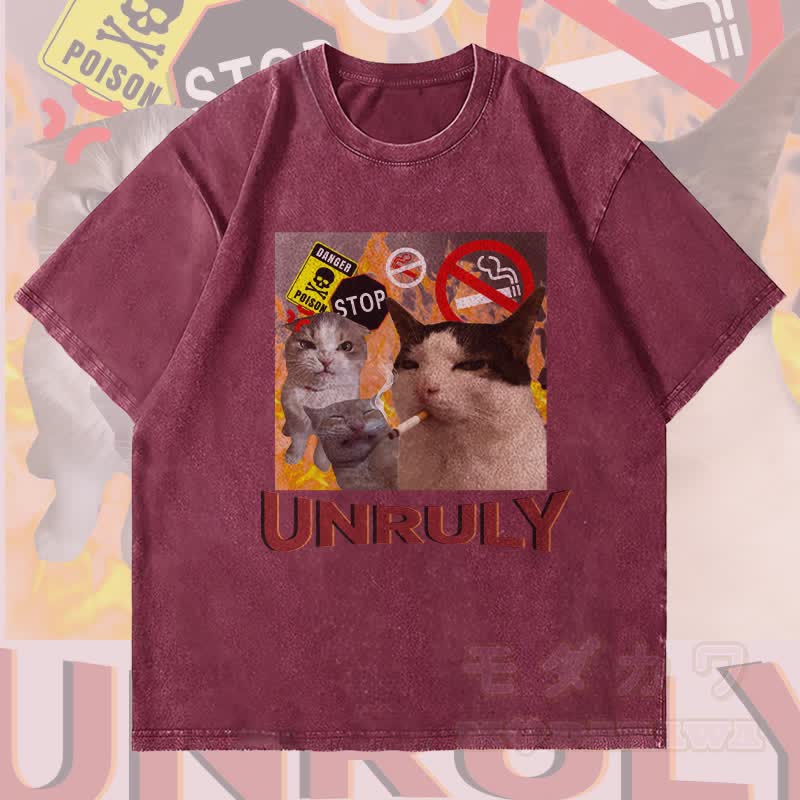 MODAKAWA UNRULY Rebel Cat Grafik Unisex Vintage Washed T-Shirt - Weinrot - 4XL - image 1