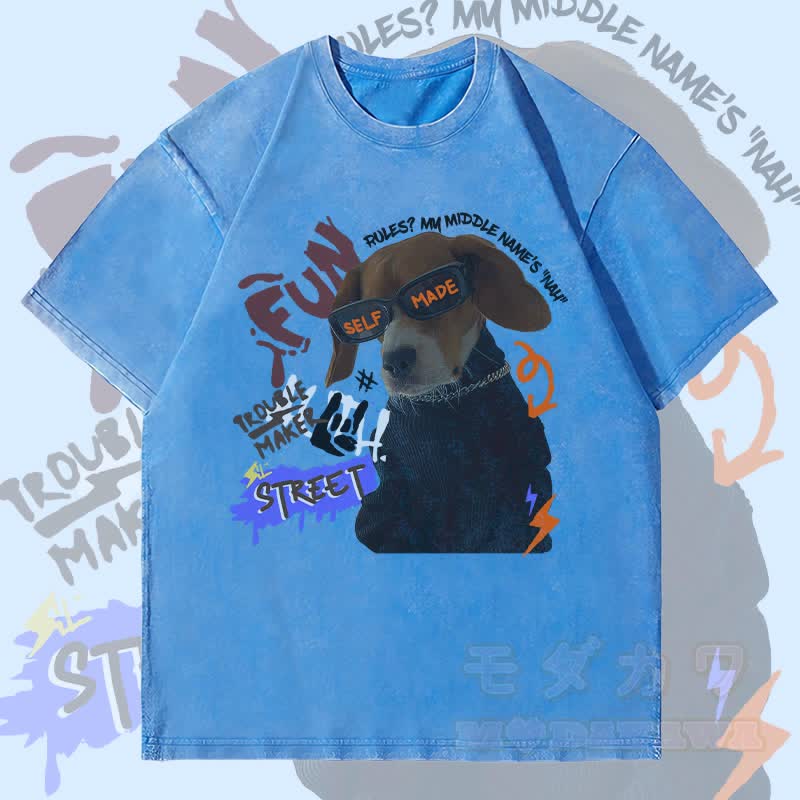 MODAKAWA Troublemaker Puppy Grafik Unisex Vintage Washed T-Shirt - Blau - 4XL - image 2