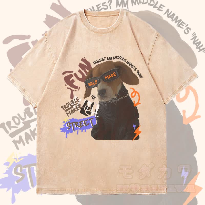 MODAKAWA Troublemaker Puppy Grafik Unisex Vintage Washed T-Shirt - Aprikose - 4XL - image 1