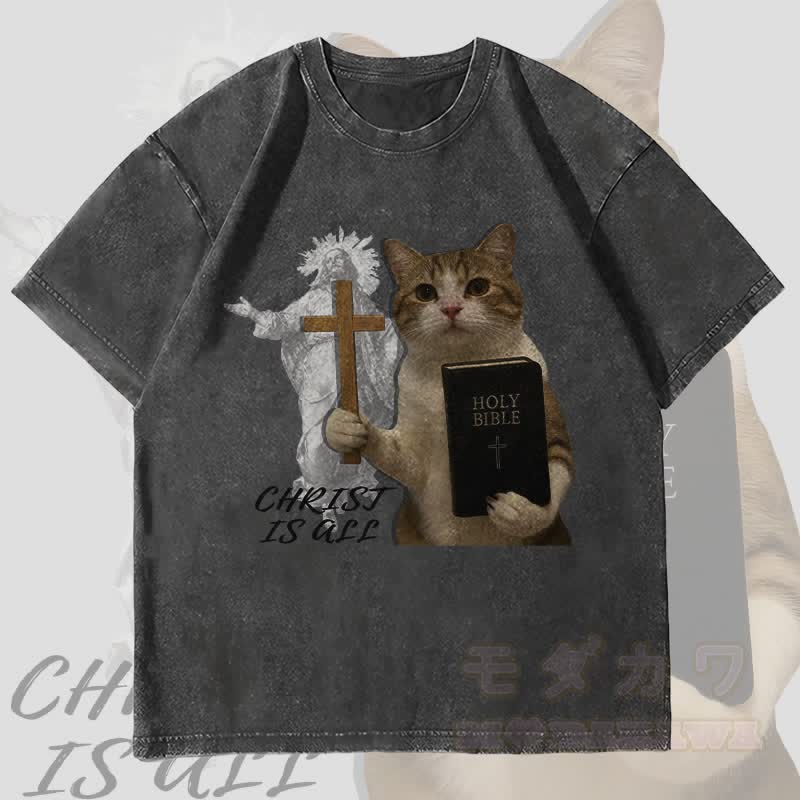 MODAKAWA CHRIST IS ALL Religiöses Katzenmotiv Unisex Vintage Washed T-Shirt - Schwarz - 4XL - image 3