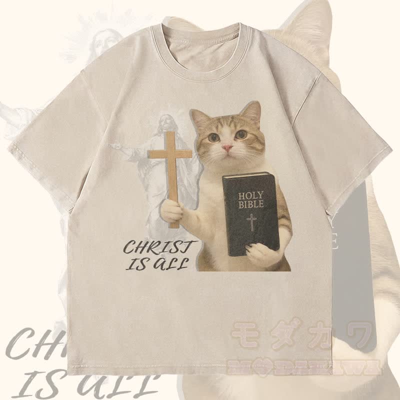 MODAKAWA CHRIST IS ALL Religiöses Katzenmotiv Unisex Vintage Washed T-Shirt - Beige - 4XL - image 1