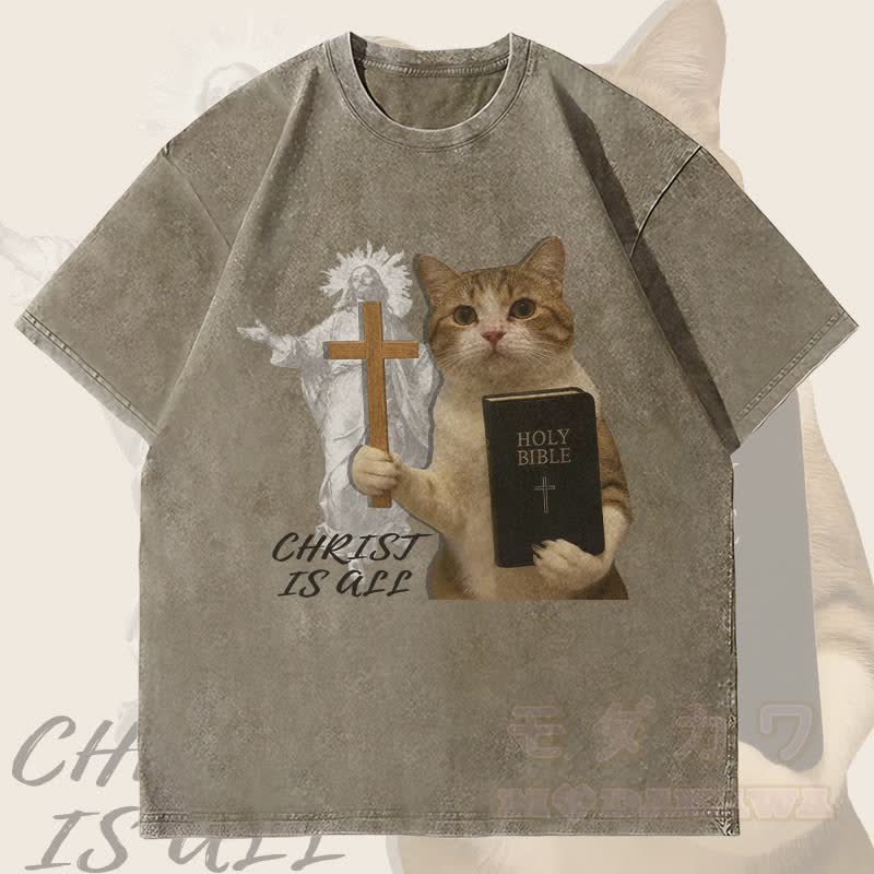 MODAKAWA CHRIST IS ALL Religiöses Katzenmotiv Unisex Vintage Washed T-Shirt - Armeegrün - 4XL - image 2