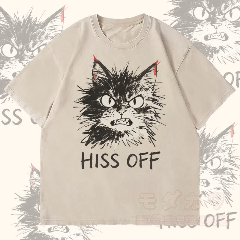 MODAKAWA HISS OFF Angry Cat Graphic Unisex Vintage Washed T-Shirt - Beige - 4XL - image 2
