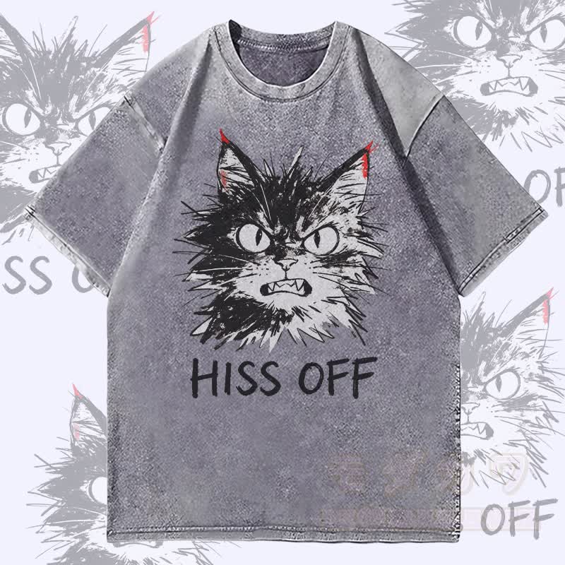 MODAKAWA HISS OFF Angry Cat Graphic Unisex Vintage Washed T-Shirt - Grau - 4XL - image 1