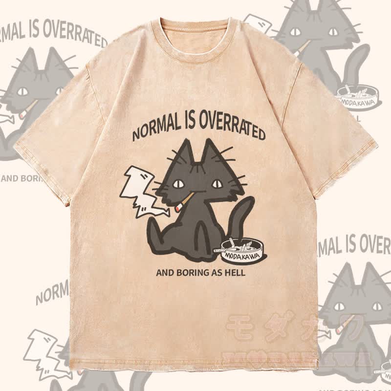 MODAKAWA NORMAL IST ÜBERBEWERTET Rauchende Katze Grafik Unisex Vintage Washed T-Shirt - Aprikose - 4XL - image 2