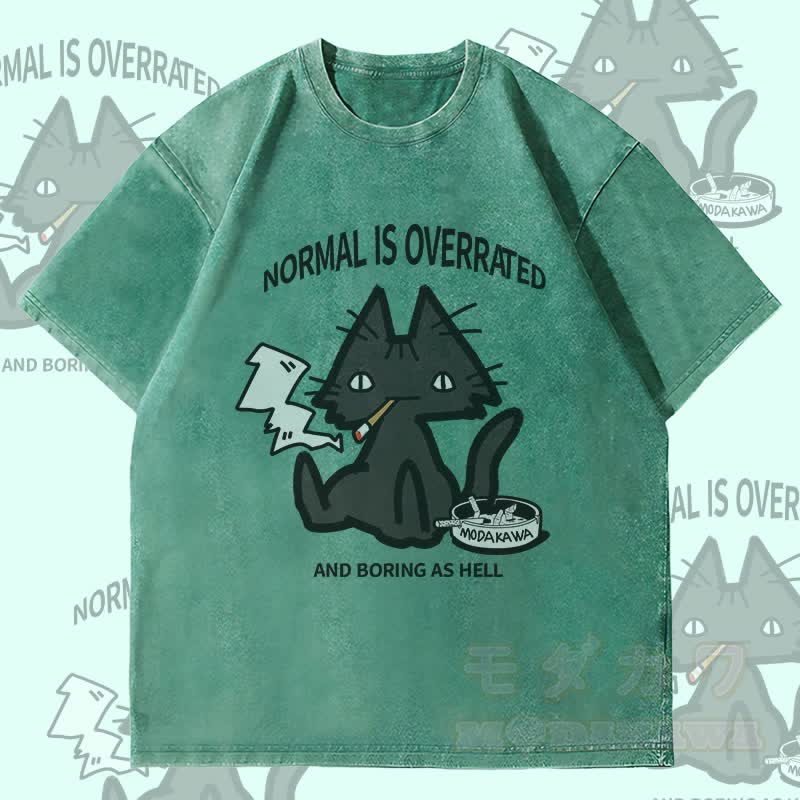MODAKAWA NORMAL IST ÜBERBEWERTET Rauchende Katze Grafik Unisex Vintage Washed T-Shirt - Grün - 4XL - image 1