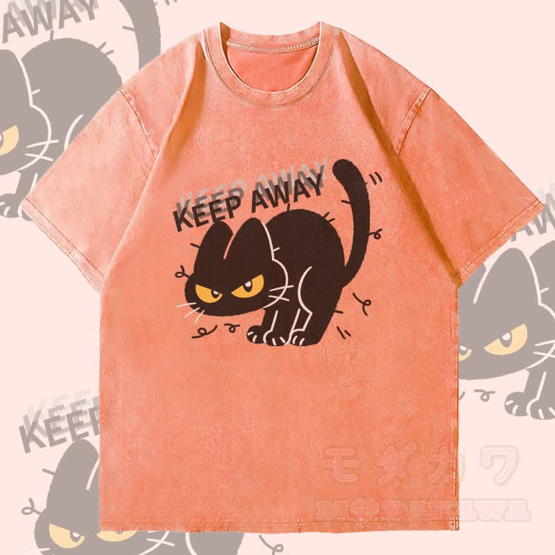 MODAKAWA KEEP AWAY Schwarze Katze Grafik Unisex Vintage Washed T-Shirt - Orange - 4XL - image 1