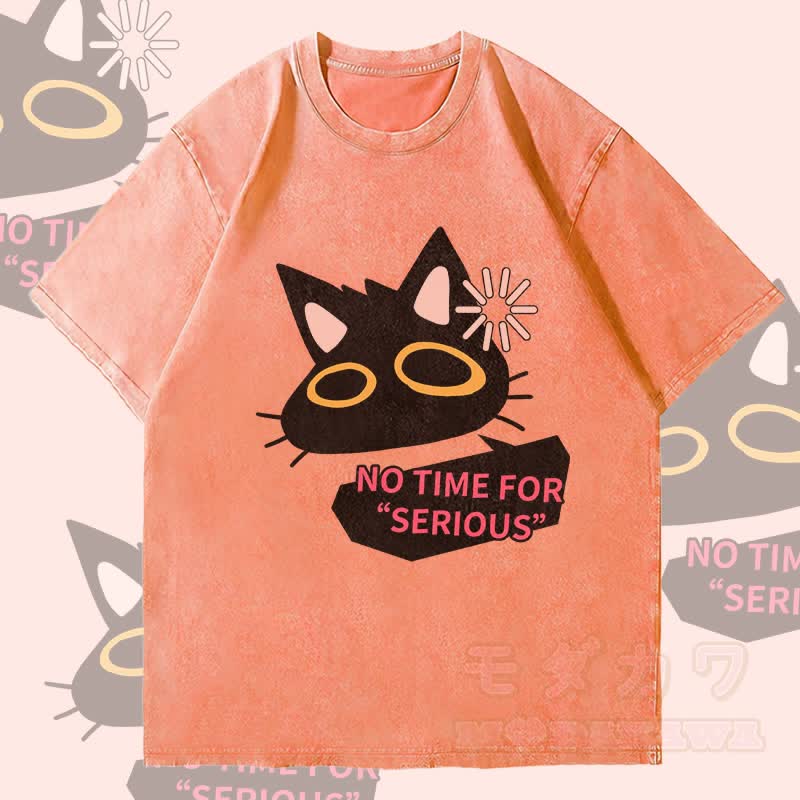 MODAKAWA NO TIME FOR SERIOUS Schwarze Katze Grafik Unisex Vintage Washed T-Shirt - Orange - 4XL - image 2