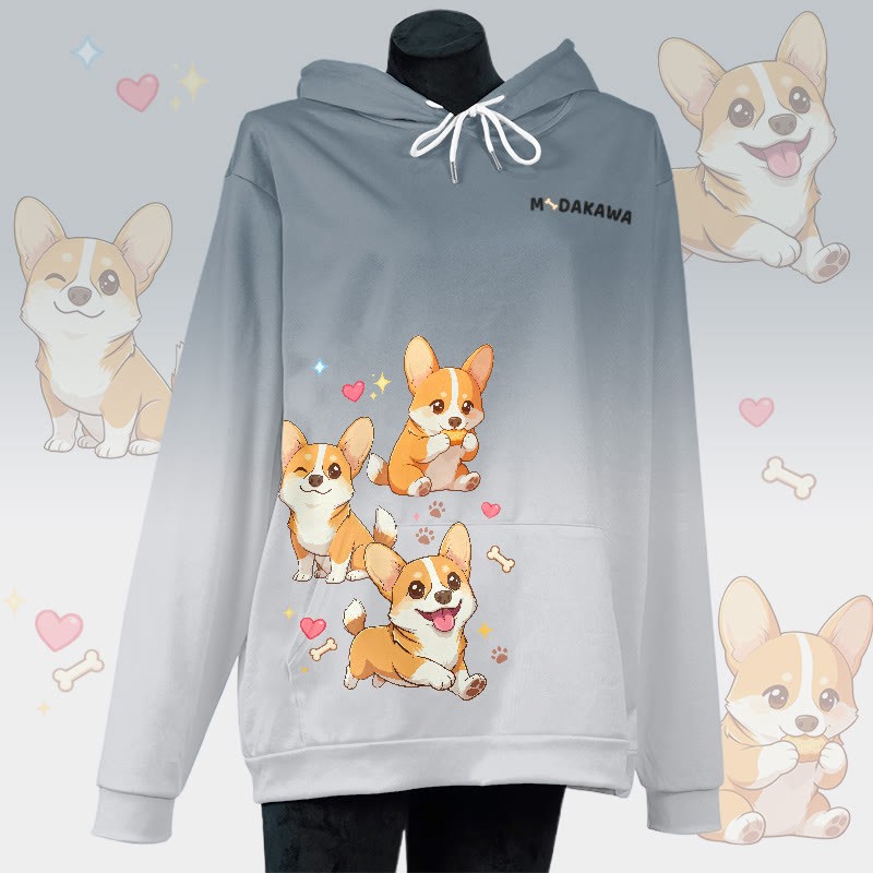 MODAKAWA Pullover-Hoodie mit fröhlichem Corgi-Grafikprint und Farbverlauf - Grey - 8XL - image 2