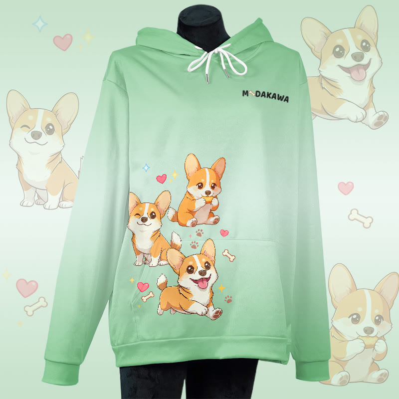 MODAKAWA Pullover-Hoodie mit fröhlichem Corgi-Grafikprint und Farbverlauf - Green - 8XL - image 1