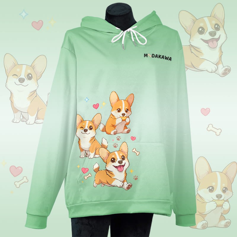 MODAKAWA Pullover-Hoodie mit fröhlichem Corgi-Grafikprint und Farbverlauf - Green - 8XL - image 1