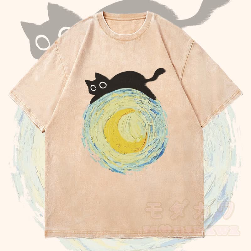 MODAKAWA Schwarze Katze auf dem Mond Grafik Unisex Vintage Washed T-Shirt - Aprikose - 4XL - image 2