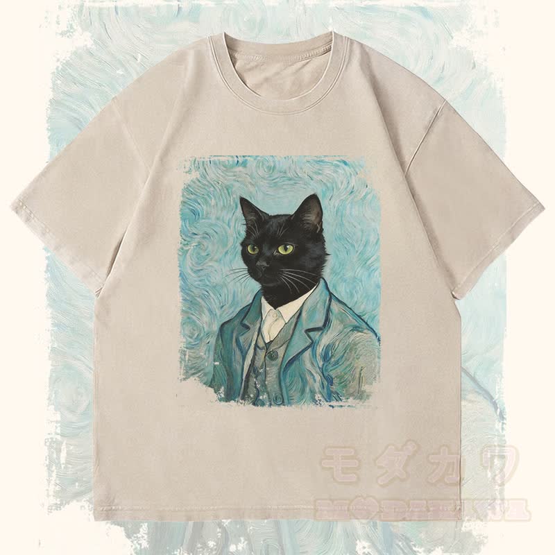 MODAKAWA Gentleman Schwarze Katze Grafik Unisex Vintage Washed T-Shirt - Beige - 4XL - image 2