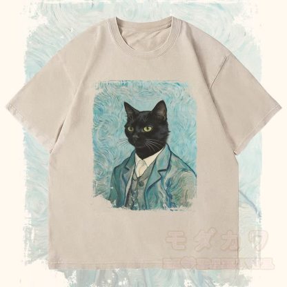 MODAKAWA Gentleman Schwarze Katze Grafik Unisex Vintage Washed T-Shirt - Beige - 4XL - image 2