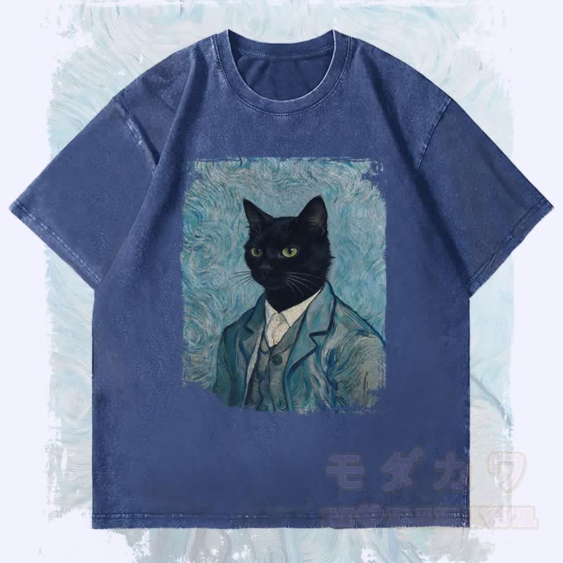 MODAKAWA Gentleman Schwarze Katze Grafik Unisex Vintage Washed T-Shirt - Dunkelblau - 4XL - image 1
