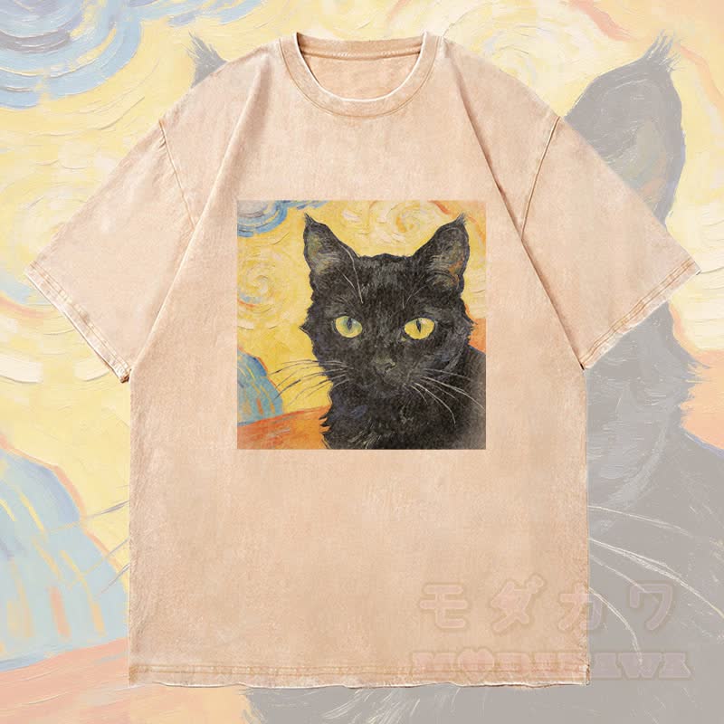 MODAKAWA Schwarzes Katzenporträt Grafik Unisex Vintage Washed T-Shirt - Aprikose - 4XL - image 2