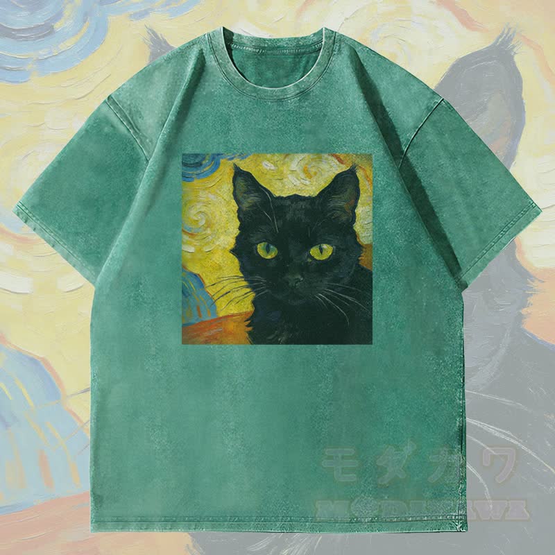 MODAKAWA Schwarzes Katzenporträt Grafik Unisex Vintage Washed T-Shirt - Grün - 4XL - image 1