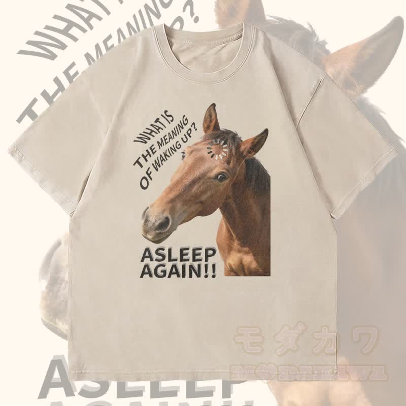 MODAKAWA WAS IST DIE BEDEUTUNG DES AUFWACHENS? Pferde-Grafik Unisex Vintage Washed T-Shirt - Beige - 4XL - image 2