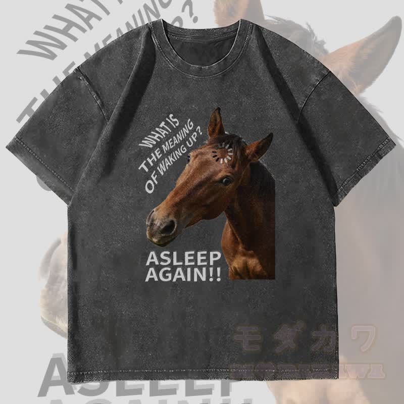 MODAKAWA WAS IST DIE BEDEUTUNG DES AUFWACHENS? Pferde-Grafik Unisex Vintage Washed T-Shirt - Schwarz - 4XL - image 1