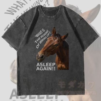 MODAKAWA WAS IST DIE BEDEUTUNG DES AUFWACHENS? Pferde-Grafik Unisex Vintage Washed T-Shirt - Schwarz - 4XL - image 1