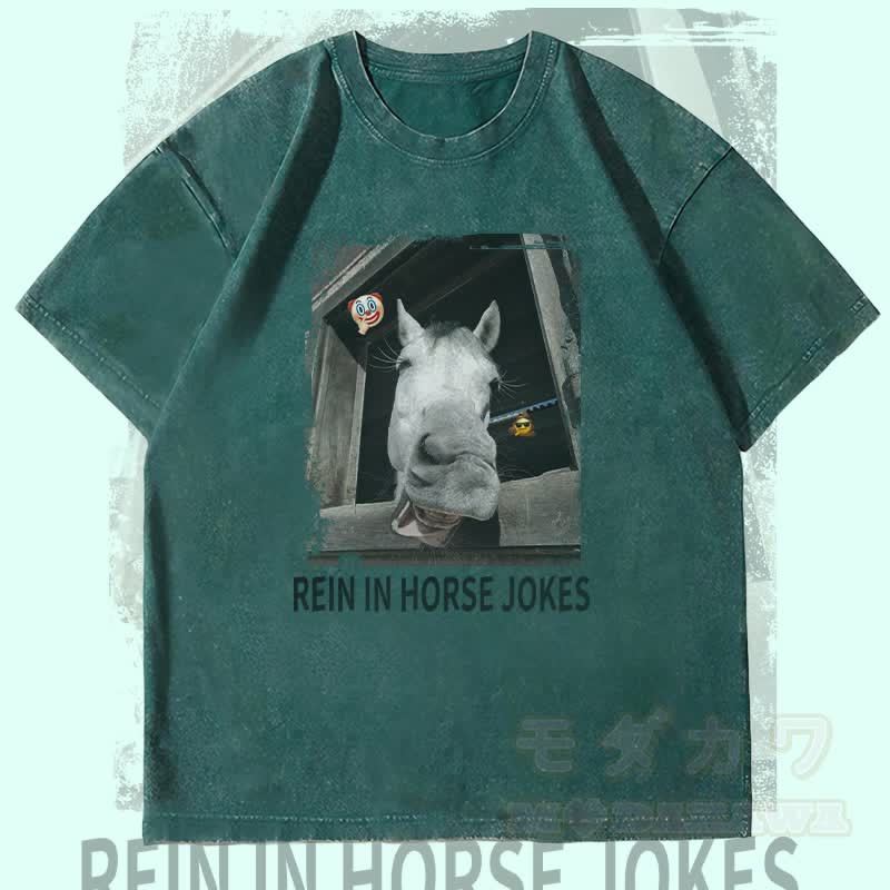 MODAKAWA REIN IN HORSE JOKES Pferdegrafik Unisex Vintage Washed T-Shirt - Dunkelgrün - 4XL - image 2