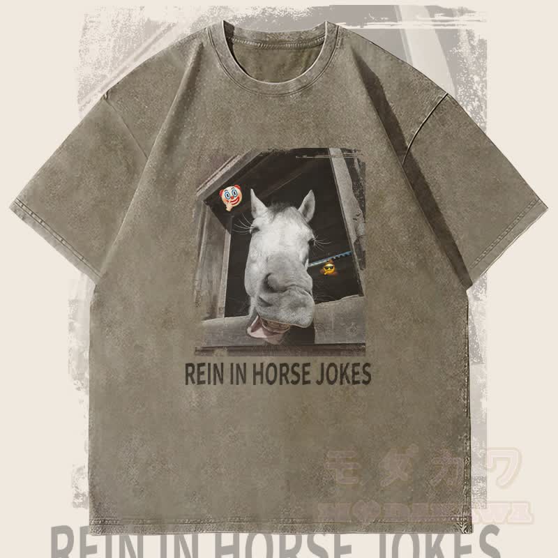 MODAKAWA REIN IN HORSE JOKES Pferdegrafik Unisex Vintage Washed T-Shirt - Armeegrün - 4XL - image 1