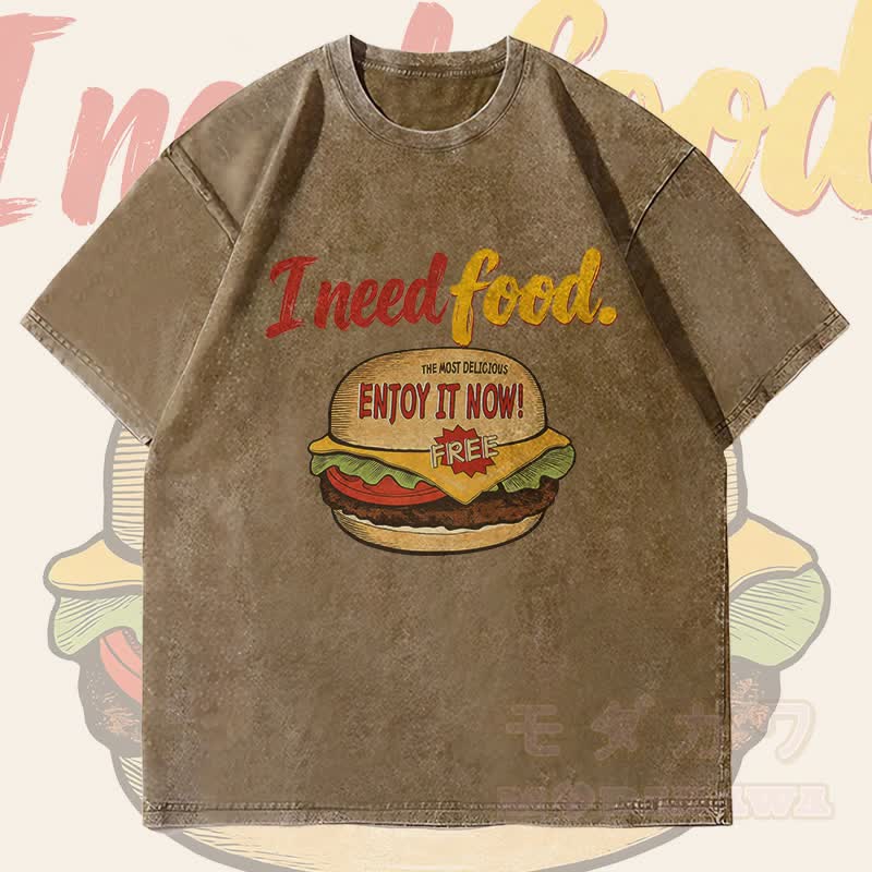 MODAKAWA I NEED FOOD Burger Grafik Unisex Vintage Washed T-Shirt - Dunkelbraun - 4XL - image 2