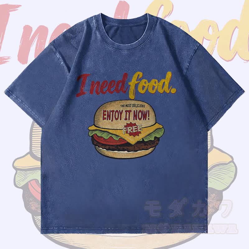 MODAKAWA I NEED FOOD Burger Grafik Unisex Vintage Washed T-Shirt - Dunkelblau - 4XL - image 1