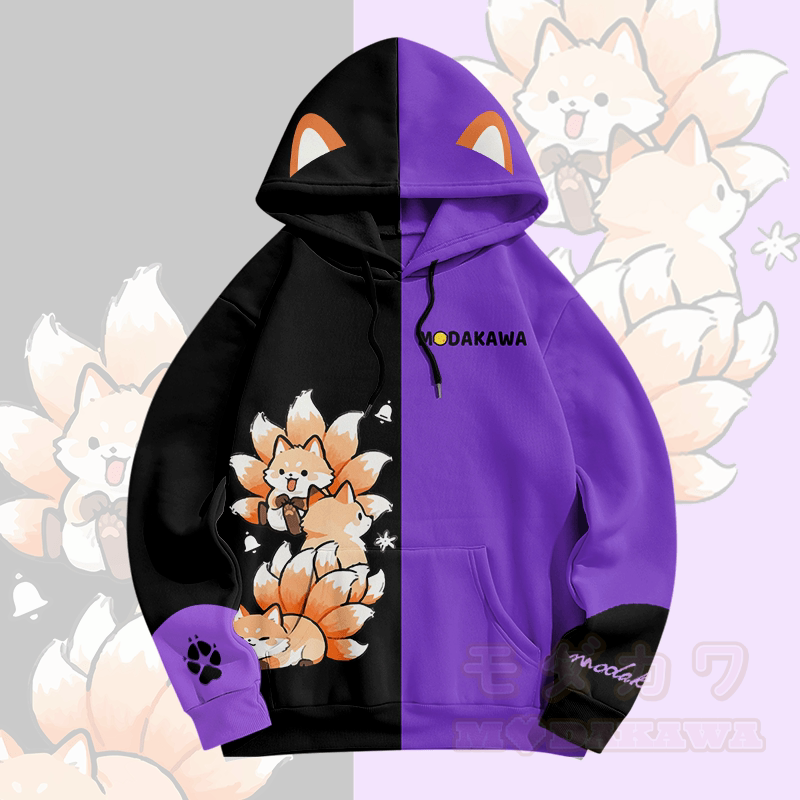 MODAKAWA Farben Block Pullover Hoodie mit Allover-Print und neunschwänzigem Fuchs-Grafik - Schwarz & Lila - 5XL - image 3