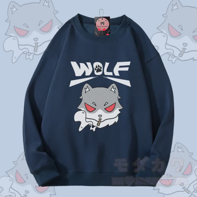 MODAKAWA Smoking Wolf Grafik Unisex Sweatshirt - Staubiges Blau - 5XL - image 2