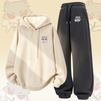 MODAKAWA Smoking Wolf Grafik-Hoodie mit dickem Fleecefutter, zweiteiliges Set - Apricot&Dark Grey - 5XL - image 3