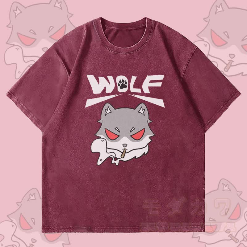 MODAKAWA Smoking Wolf Grafik Unisex Vintage Washed T-Shirt - Weinrot - 4XL - image 2