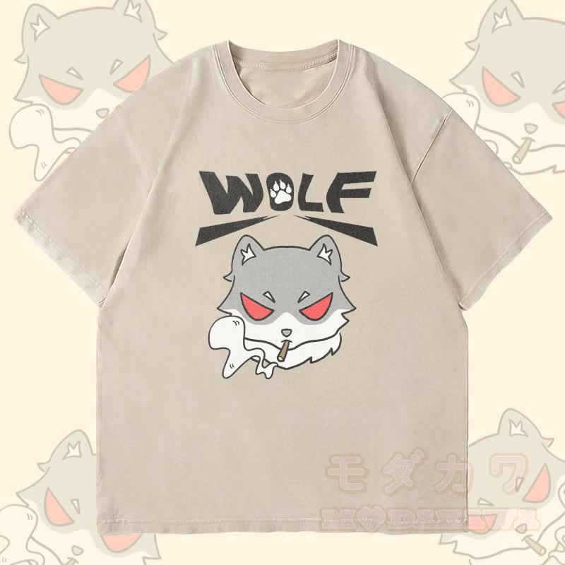 MODAKAWA Smoking Wolf Grafik Unisex Vintage Washed T-Shirt - Beige - 4XL - image 1