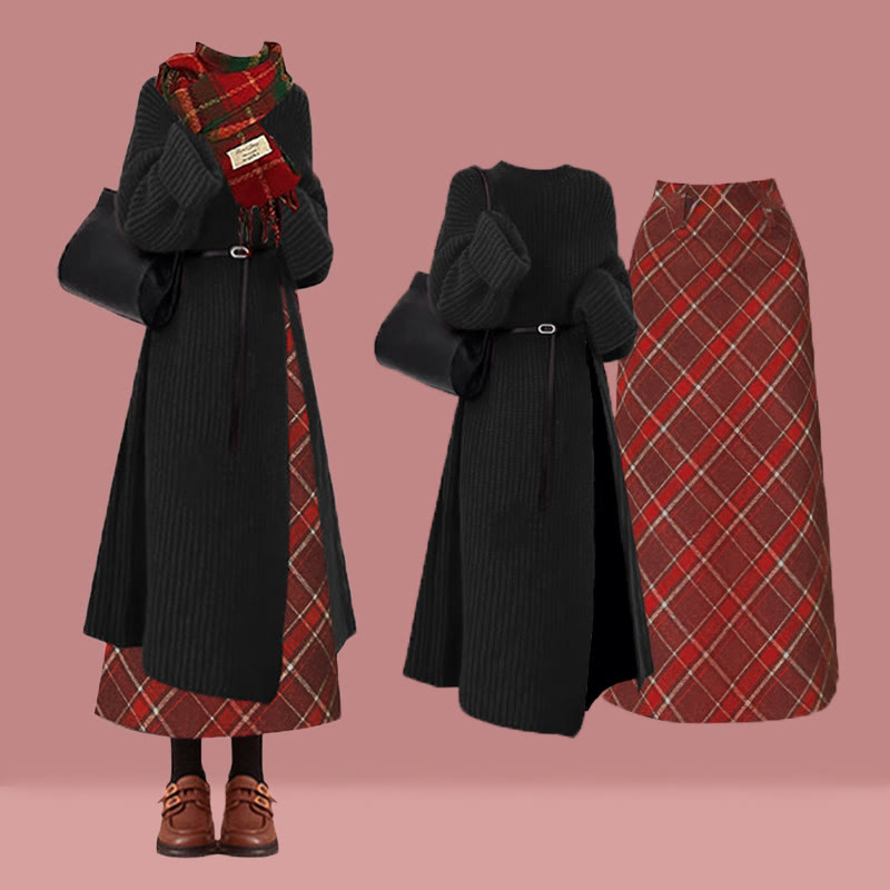 Strickkleid, karierter Rock, passendes Outfit - Set - XL - image 1