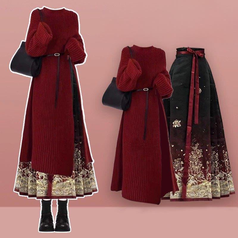 Strickkleid im Vintage-Stil, Rock mit Blumenmuster und Pferdegesicht, passendes Outfit - Set - XL - image 1