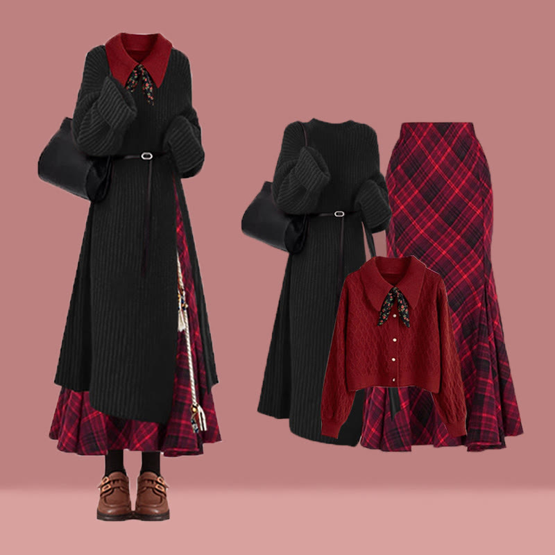 Strickkleid, roter Pullover, karierter Meerjungfrauenrock, passendes Outfit - Set - XL - image 1