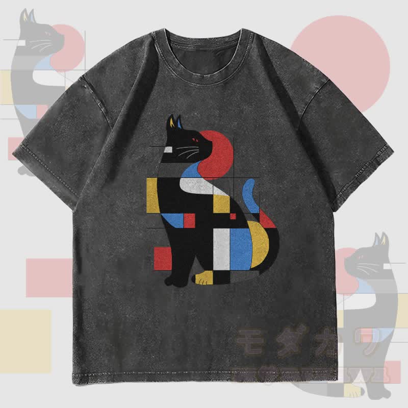 MODAKAWA Unisex-T-Shirt mit geometrischem Katzenmotiv im Vintage-Stil - Schwarz - 4XL - image 4