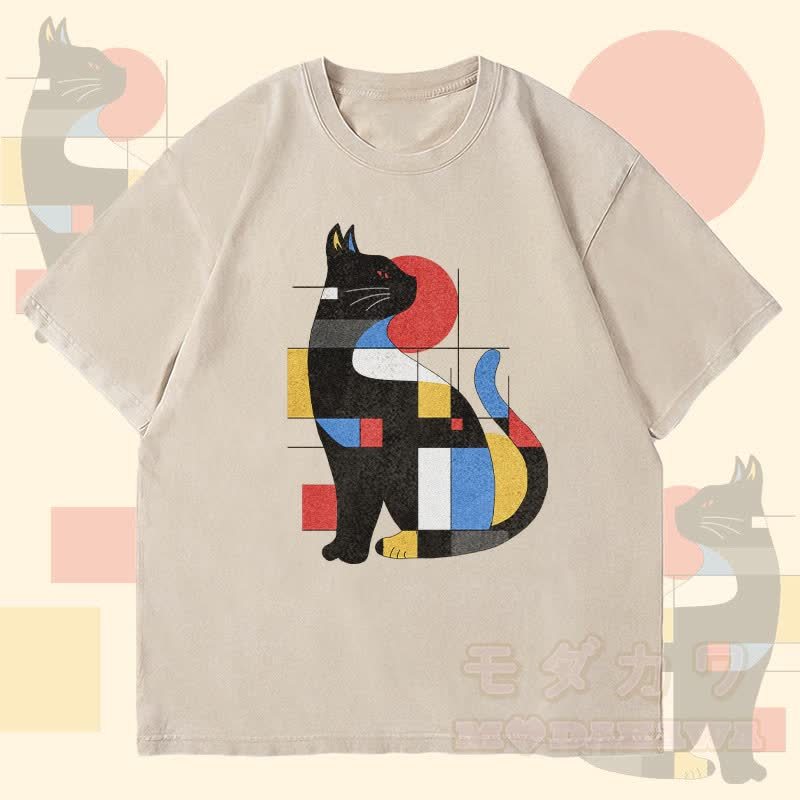 MODAKAWA Unisex-T-Shirt mit geometrischem Katzenmotiv im Vintage-Stil - Beige - 4XL - image 1