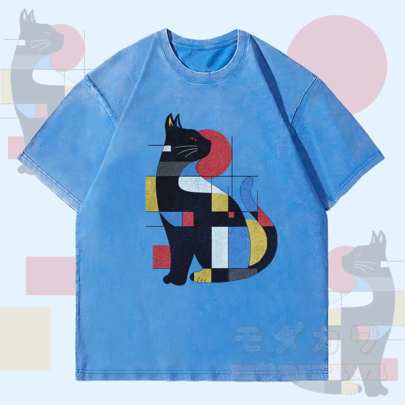 MODAKAWA Unisex-T-Shirt mit geometrischem Katzenmotiv im Vintage-Stil - Blau - 4XL - image 3