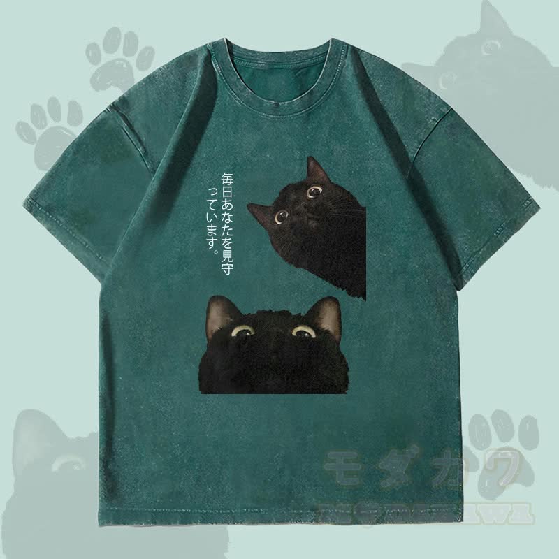 MODAKAWA Unisex-T-Shirt mit schwarzem Katzenmotiv im Vintage-Stil - Dunkelgrün - 4XL - image 2
