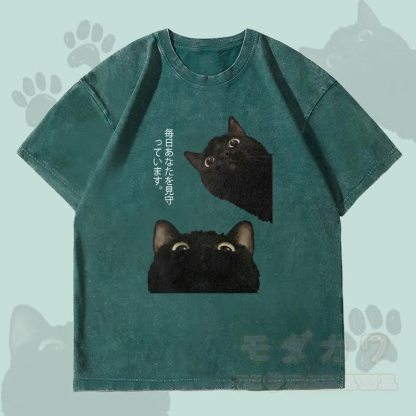 MODAKAWA Unisex-T-Shirt mit schwarzem Katzenmotiv im Vintage-Stil - Dunkelgrün - 4XL - image 2