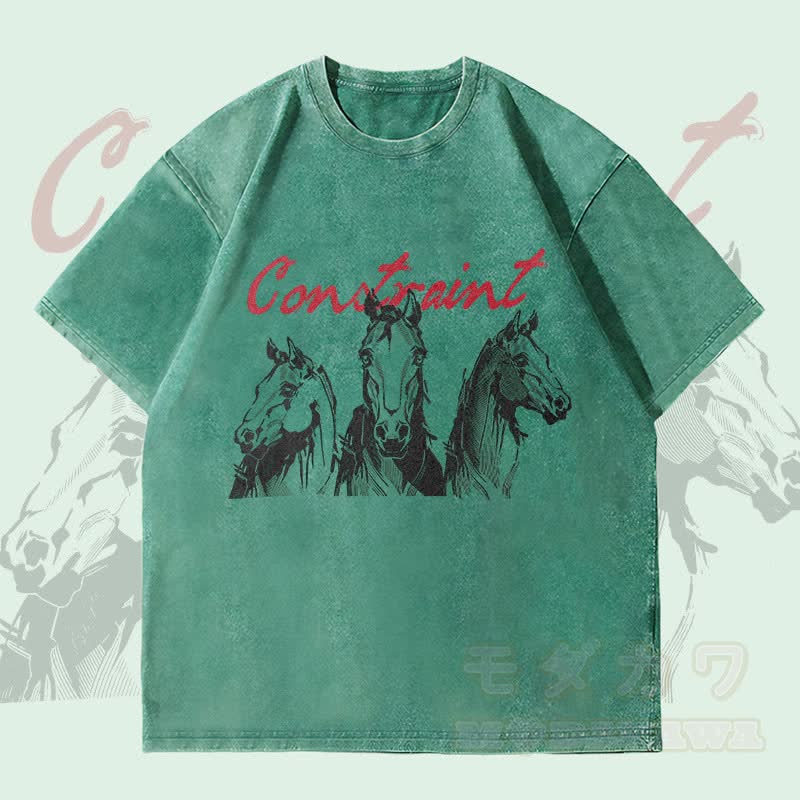 MODAKAWA CONSTRAINT Pferde-Grafik Unisex Vintage Washed T-Shirt - Dunkelgrün - 4XL - image 1