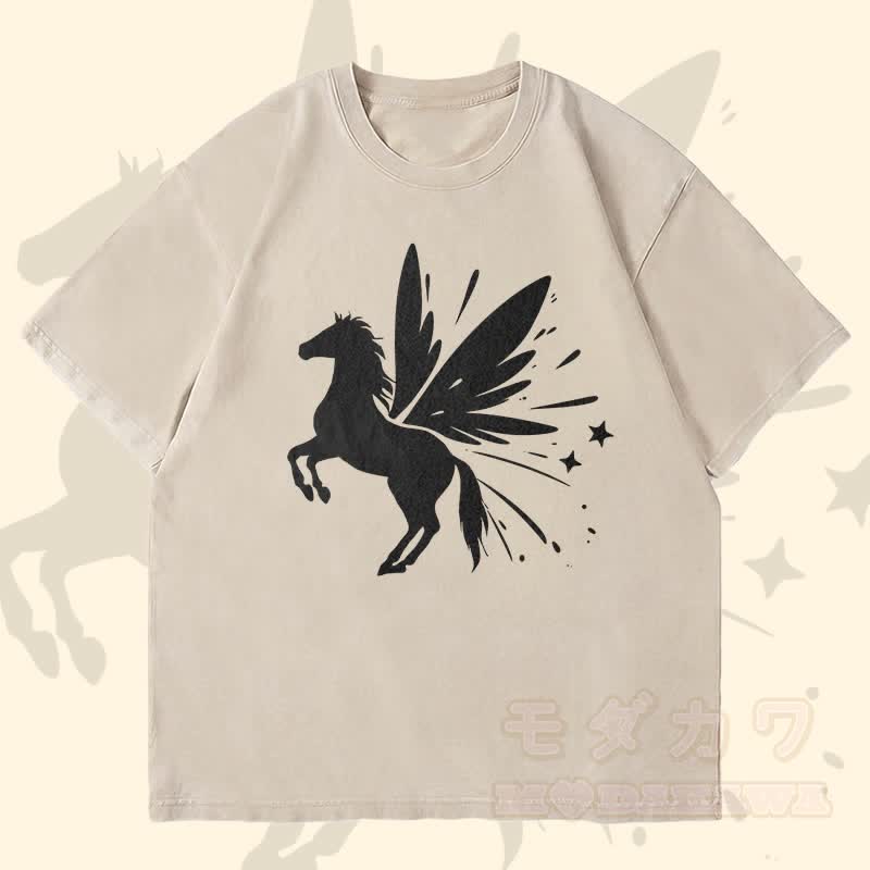 MODAKAWA Pegasus Grafik Unisex Vintage Washed T-Shirt - Beige - 4XL - image 2