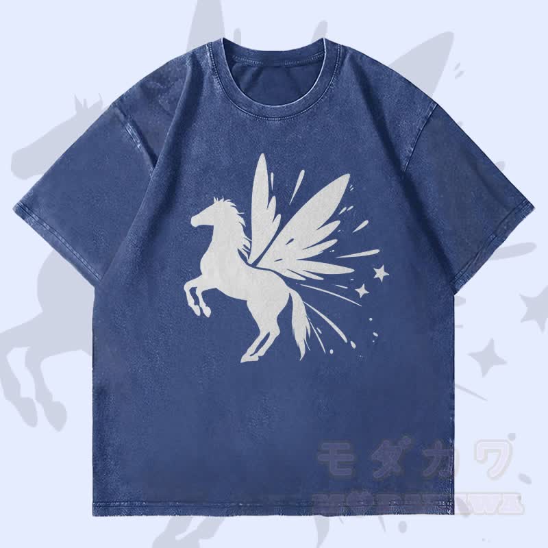 MODAKAWA Pegasus Grafik Unisex Vintage Washed T-Shirt - Dunkelblau - 4XL - image 1