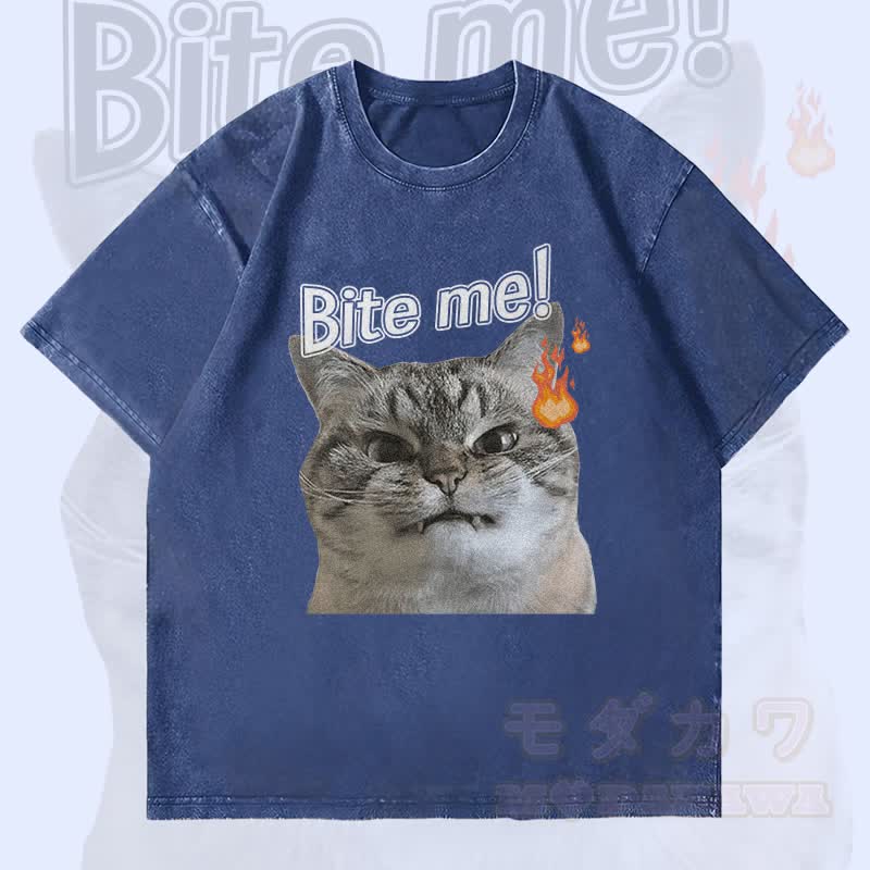 MODAKAWA BITE ME Wütende Katze Grafik Unisex Vintage Washed T-Shirt - Dunkelblau - 4XL - image 2